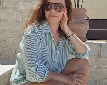 White Linen Shirt for Women, Relaxed Fit Button Down Shirt, Long Sleeve Linen Blouse