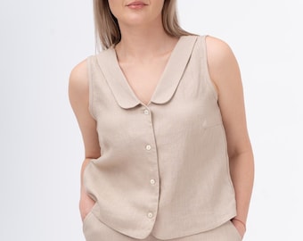 Linen Vest For Women Linen Top Casual Vest For Women V-Neck Buttoned  Linen Tank Top Vacation Linen Clothing Sleevless Summer Vest IVY