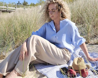 Elegant Womens Top BREEZE Casual Linen Top Minimalist Dropped Shoulders Women Tops Blouses With Buttons Sky Blue Loose Linen Clothing