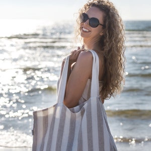 Oversized Tote Bag Sturdy Market Bag Large Shopping Bag Capacious Bag Linen Beach Bag Every Day Tote Bag Thoughtful Gift To Mom Sister White beige stripes