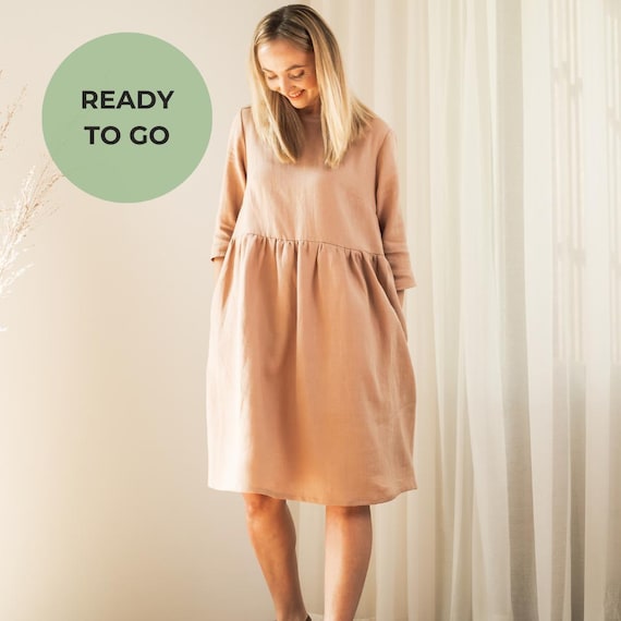 Womens Linen Dress Summer Dress Loose House Dress with Pockets Linen Clothes Casual Linen Dress with Sleeves - Ready to Go
