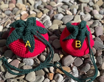 Crochet Tomato Fruit Drawstring Bag | Handmade Pouch for Makeup, Jewelry, Dice