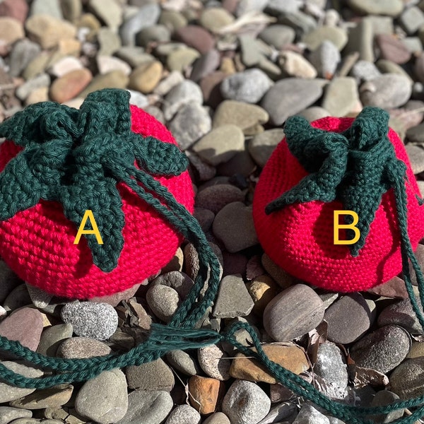 Crochet Tomato Fruit Drawstring Bag | Handmade Pouch for Makeup, Jewelry, Dice