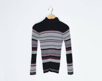 vintage 2000er Jahre „sag was?“ gestreifter gerippter Rollkragenpullover - schwarz, grau, dunkelrot, y2k - damen s