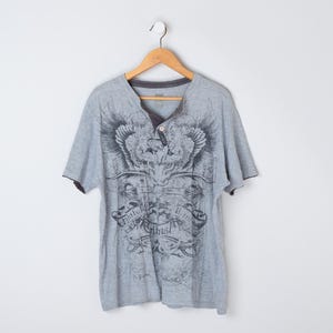 vintage y2k skull & eagle graphic henley tee - &quot;rightful retribution tribunal&quot; - men&#39;s XL