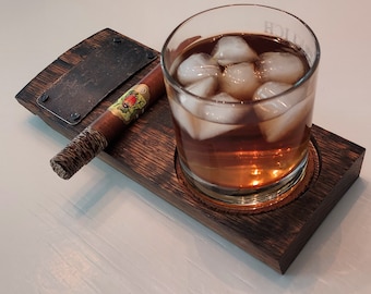 Whiskey Barrel Cigar and Whiskey Butler, Whiskey Coaster, Bourbon Barrel Gifts, Gifts for Him, Christmas Gift for Him, Gifts for Dad