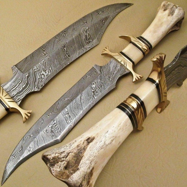 Custom Handmade HUNTING KNIFE With Best Quality Leather Sheath Personalized Gift For Him, Blade Damascus Steel Handle Brass And Camel Bone.