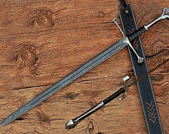 Handgeschmiedeter Damast-Stahl Wikingerschwert, Damaszener Stahl Wikinger Schwert mit Lederscheide