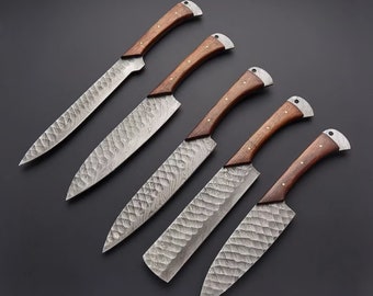 Handmade Damascus Chef Knife Set of 5Pcs With Rose Wood Shaft for Husband Kitchen Knife Groomsmen Gift Lover Gift gift for her