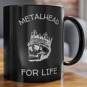 Metalhead Skull Coffee Mug - Black Heavy Metal Coffee Mug - Great Metalhead Gift - 11oz and 15oz - Gift for Metal Music Fan