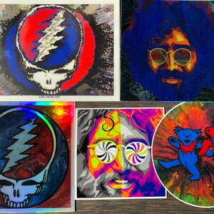 May include: Set of five Grateful Dead themed stickers. The stickers feature a psychedelic, tie-dye style with images of the band's iconic logo, a bear, and Jerry Garcia. The stickers are perfect for adding a touch of rock and roll to your laptop, water bottle, or guitar case.