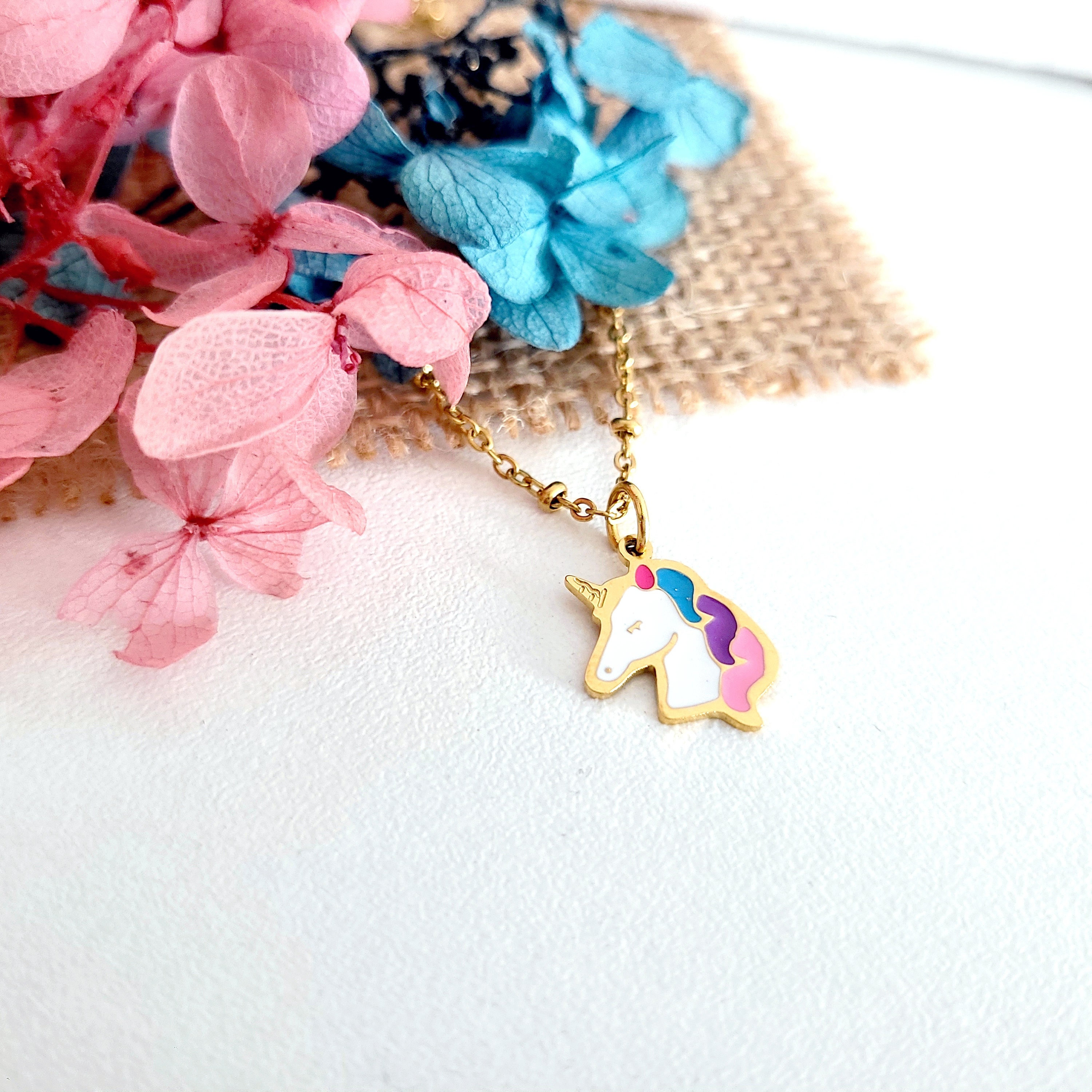 Children's necklace pink blue and purple unicorn pendant, gold unicorn  jewelry, colorful jewelry gift for little girl, niece Christmas gift idea