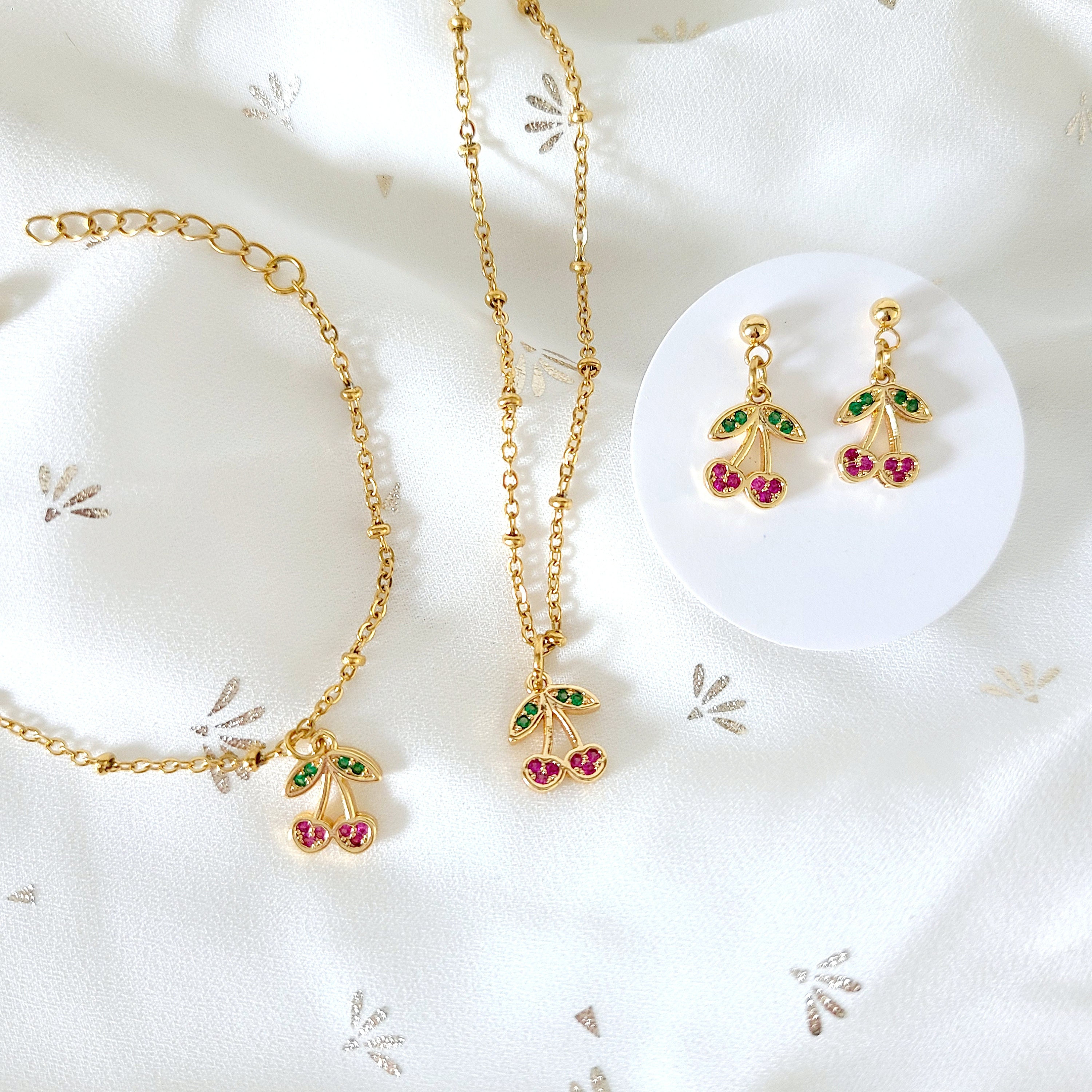 Gold cherry pendant jewelry set for girl, necklace bracelet and