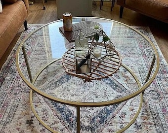 Golden Coffee Table, Round Coffee Table, Luxury Coffee Table, Glass Top Round Coffee Table, Golden Metal Coffee Table, Living Room Furniture