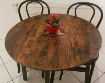 Mesa de comedor redonda industrial, mesa de cocina redonda, mesa de comedor rústica, mesa de desayuno redonda pequeña, patas de metal de mesa de bar redonda de color marrón oscuro