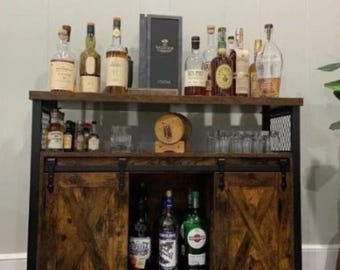 Industrial Sideboard, Rustic Storage Cabinet, Farmhouse Kitchen Cabinet, Industrial Cupboard With Barn Doors, Kitchen Cabinet Bottle Rack