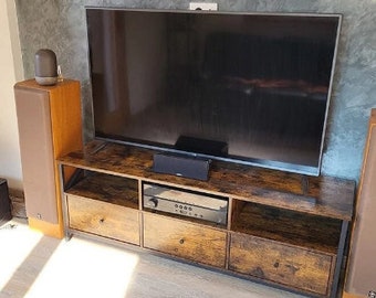 Rustic TV Stand, Industrial TV Cabinet, Farmhouse TV Unit, Dark Brown Lowboard, Industrial Low Console Cabinet, Rustic Sideboard Furniture