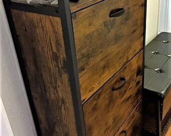 Industrial Shoe Cabinet With 2 Flip Drawers - Entryway Shoe Storage Organizer