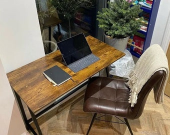 Industrial Computer Desk, Small Office Desk, Kid's PC Desk, Bedroom Workstation Table, Dark Brown Desk With Metal Legs, Large Console Table