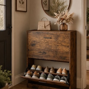 May include: A dark brown wood-grain shoe storage cabinet with two drop-down compartments featuring black metal handles. The cabinet holds multiple pairs of neutral-toned sneakers and flats, with a beige handbag and a glass vase of dried flowers on top.
