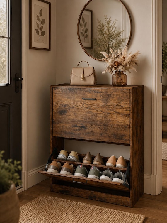 Rustic Shoe Cabinet, Dark Brown Shoe Organizer, Hallway Shoe Cabinet 2 Flip Doors, Entryway Shoe Organizer, Rustic Shoe Storage Furniture