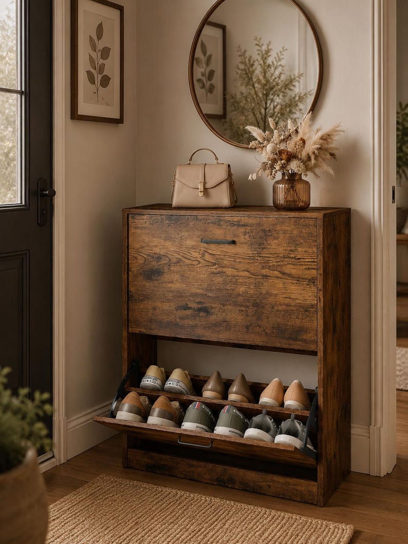 May include: A dark brown wood-grain shoe storage cabinet with two drop-down compartments featuring black metal handles. The cabinet holds multiple pairs of neutral-toned sneakers and flats, with a beige handbag and a glass vase of dried flowers on top.