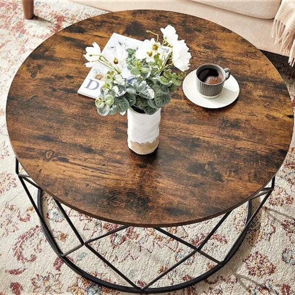 Industrial Coffee Table, Round Coffee Table, Rustic Coffee Table, Large Side/End Table, Living Room Coffee Table, Dark Brown Coffee Table