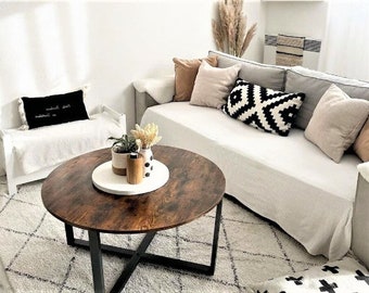 Industrial Coffee Table, Round Coffee Table, Rustic Coffee Table, Dark Brown Table Top, Black Metal Legs, Living Room Coffee Table Furniture