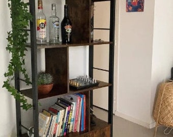 Industrial Office Bookcase, Rustic Style Bookshelf, Large Book Storage Sideboard, Living Room Bookshelf, Dark Brown Tallboy With Cabinet NEW