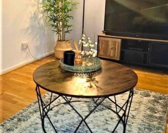 Industrial Coffee Table, Round Coffee Table, Rustic Coffee Table, Large Side/End Table, Living Room Coffee Table, Dark Brown Coffee Table