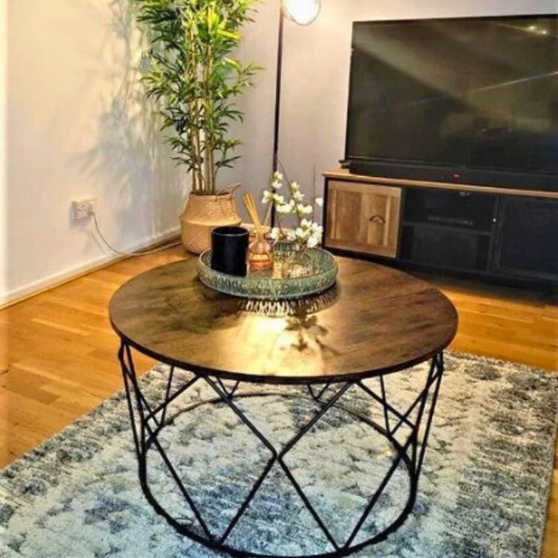Industrial Coffee Table, Round Coffee Table, Rustic Coffee Table, Large Side/End Table, Living Room Coffee Table, Dark Brown Coffee Table immagine 1