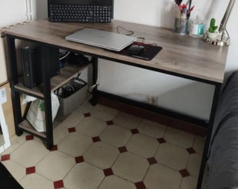Industrial Computer Desk, Greige Office Desk, Kids PC Desk, Metal Workstation Desk Table, Computer Desk With 2 Shelves, Large Working Desk