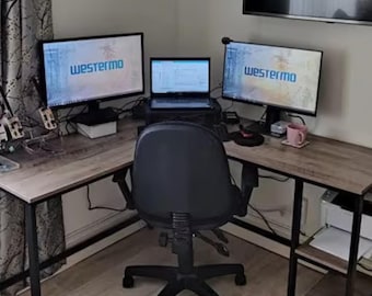 Escritorio de esquina industrial, escritorio de computadora en forma de L, escritorio de oficina grande gris, escritorio de esquina para PC con patas de metal, escritorio de esquina con estantes (NUEVO)