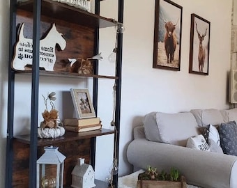 Rustic Bedroom Bookcase, Industrial Office Bookshelf, 5 Tier Bookcase, Dark Brown Bookcase, Living Room Highboard Book Storage, Metal Legs