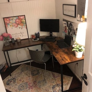 Industrial Corner Desk, L-Shaped Computer Desk, Rustic PC Desk, Large Writing Desk, Office Desk With Metal Legs, Dark Brown Secretary Desk