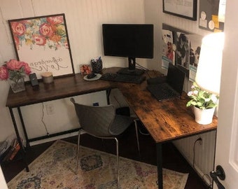 Industrial Corner Desk, L-Shaped Computer Desk, Rustic PC Desk, Large Writing Desk, Office Desk With Metal Legs, Dark Brown Secretary Desk