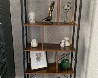 Librería industrial para dormitorio, estantería de 4 niveles, estantería alta rústica, estantería marrón oscuro, estantería grande para oficina, aparador para sala de estar (NUEVO)