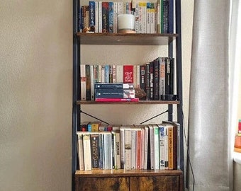 Industrial Ladder Bookshelf, 3 Tier Bookshelf, Rustic Ladder Bookcase, Office Metal Bookshelf, Bookcase With Cabinet, Dark Brown Bookshelf