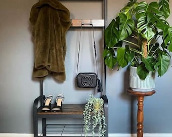 Industrial Coat Rack, Rustic Coat Rack, Coat Rack With Shoe Bench, Hall Hat Rack, Small Bedroom Clothes Rack, Dark Brown Coat Rack 9