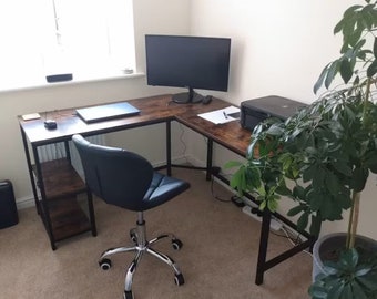 Industrial Corner Desk, L-Shaped Computer Desk, Large Corner PC Desk, Rustic Corner Writing Desk, Dark Brown Secretary Desk Furniture NEW
