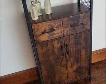 Industrial Bathroom Cabinet, Rustic Style Highboard, Living Room High Sideboard, Dark Brown Storage Cupboard With Open Shelf, Metal Legs