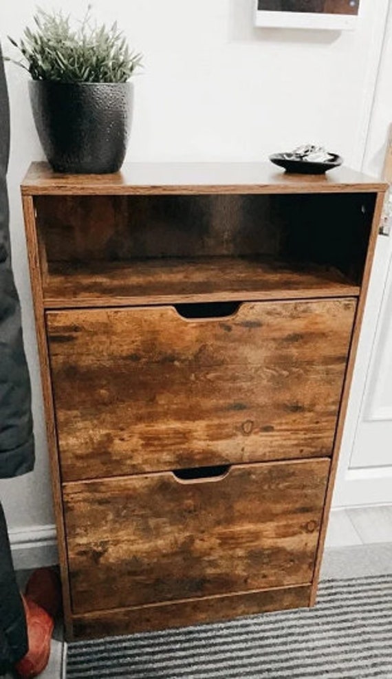 Rustic Shoe Cabinet, Dark Brown Shoe Rack, Industrial Shoe Cabinet 2 Flaps, Hallway Shoe Rack, Hallway Shoe Storage Furniture Open Shelf