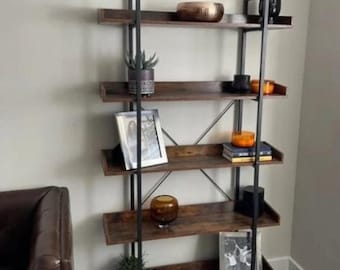 Industrial Bookshelf, Rustic Office Bookcase, 5 Tier Shelving Unit, Living Room Book Storage Unit, Metal Shelf Stand Unit Furniture NEW