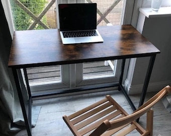 Industrial Computer Desk, Rustic Office Desk, Kid's PC Desk, Metal Writing Desk, Dark Brown Workstation Table, Industrial Desk Metal Legs