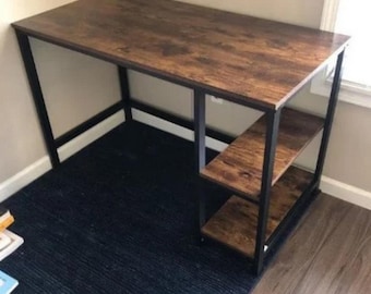 Industrial Computer Desk, Rustic PC Desk, Dark Brown Writing Desk, Industrial Desk With 2 Shelves, Kids Computer Desk, Bedroom Lap Top Desk