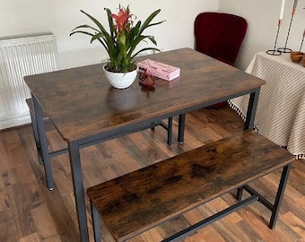 Industrial Dining Table, Rustic Dining Table With 2 Benches, Dark Brown Kitchen Table, Industrial Dining Bench, Set Of 2 Dining Benches NEW