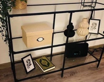 Consola industrial, consola de metal negro, mesa de pasillo con tablero de vidrio, mesa de entrada minimalista, mesa auxiliar industrial grande