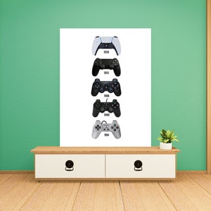 Op de afbeelding: Een witte poster met een tijdlijn van PlayStation-controllers, beginnend met de originele PlayStation-controller uit 1994 en eindigend met de PlayStation 5 DualSense-controller uit 2020.