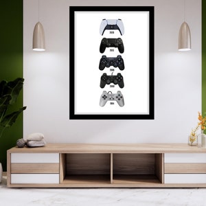 Op de afbeelding: Een ingelijst afdruk van een tijdlijn van PlayStation-controllers, beginnend met de originele PlayStation-controller uit 1994 en eindigend met de PlayStation 5-controller uit 2020.