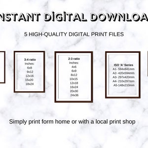 Op de afbeelding: Vijf afdrukbare digitale bestanden voor het maken van prints in verschillende beeldverhoudingen. De verhoudingen zijn 4:5, 3:4, 2:3 en 11:14. De afbeelding bevat ook standaard ISO-papierformaten in millimeters, zoals A1, A2, A3, A4 en A5.